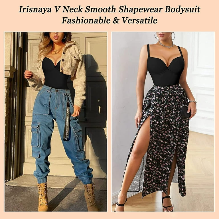 Irisnaya Bodywear Shapewear Bodysuit for Women Waist Trainer Tummy Control  Smooth Body Shaper V Neck Underwire Bra Jumpsuit at  Women's Clothing  store