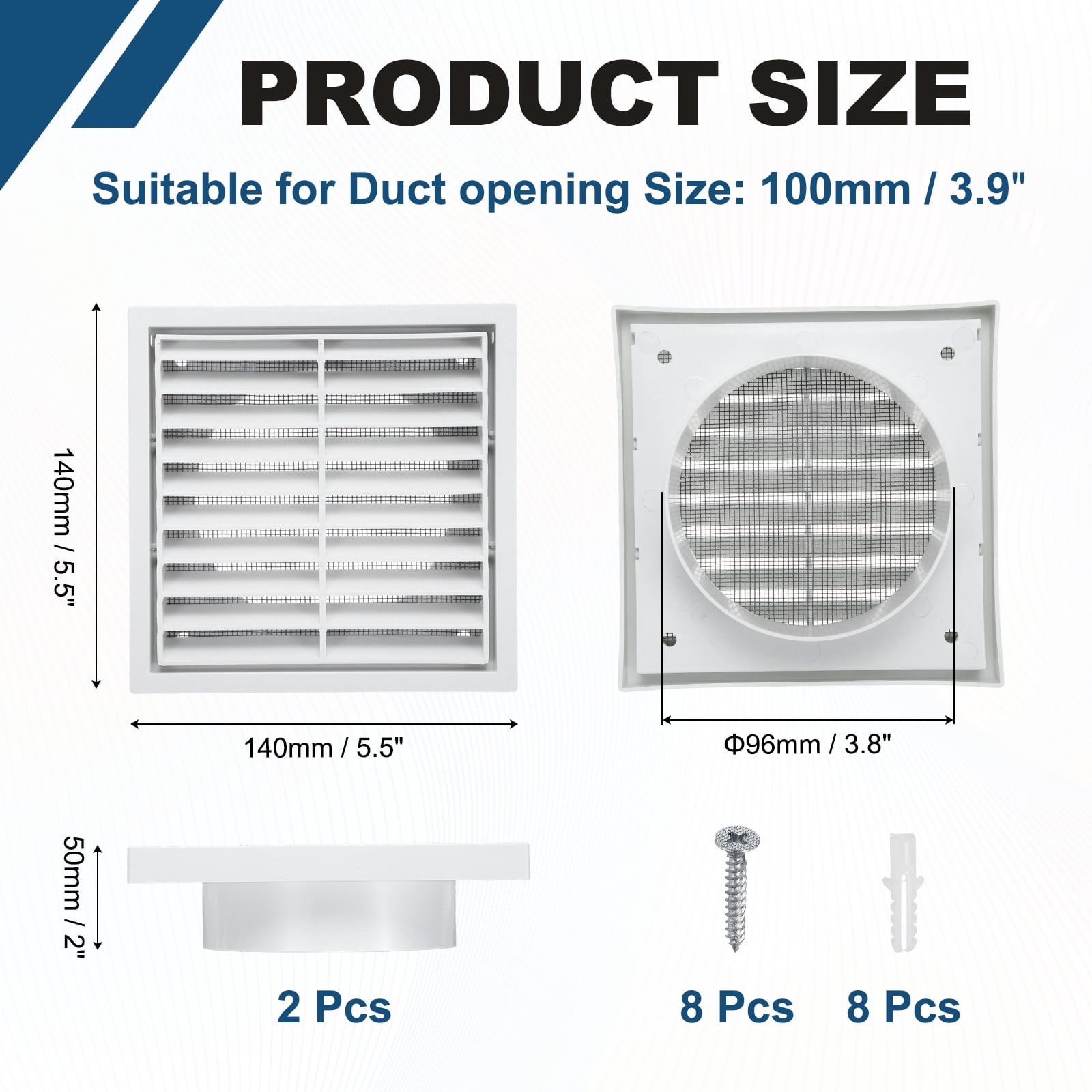 Uxcell 2Set Vent Cover with Screen Mesh (4" Opening, 5.5"L x 5.5"W) - Square Louver Air Wall Vent ABS Plastic Exhaust Ventilation Grille for Central AC/Bathroom/Kitchen/Garage, White