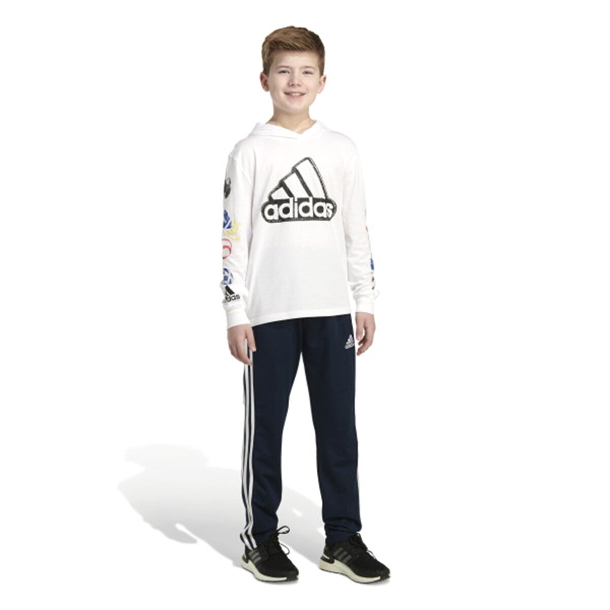 Adidas Boys' Long Sleeve Cotton Jersey Hooded T-Shirt Tee, Sport Stamp on White, Large