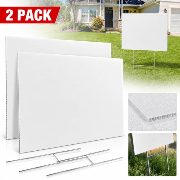 2-Pack Blank Yard Signs with Stakes , 18x12 Inch White Plastic Lawn Signs for Birthday, Garage Sale, Rent, Events - Includes H Stakes - Weatherproof Outdoor Signage for Home & Business