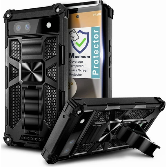 Nagebee Phone Case Compatible for Google Pixel 7a (2023) with Tempered Glass Screen Protector (Full Coverage), Full-Body Protective Shockproof [Military-Grade] Built in Kickstand Heavy-Duty (Black)