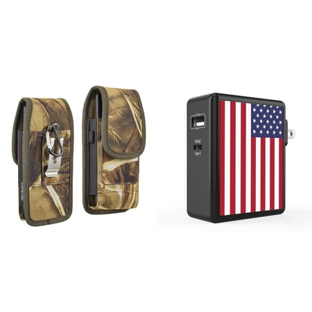

Pouch and Wall Charger Bundle for iPhone 14 Pro: Vertical Rugged Nylon Belt Holster Case (Camo) and 45W Dual USB Port PD Type-C and USB-A Power Adapter (American USA Flag)