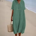 thumbnail image 4 of Vestido de mujer de algodón y lino de color liso con escote en V grande y moderno, 4 of 6