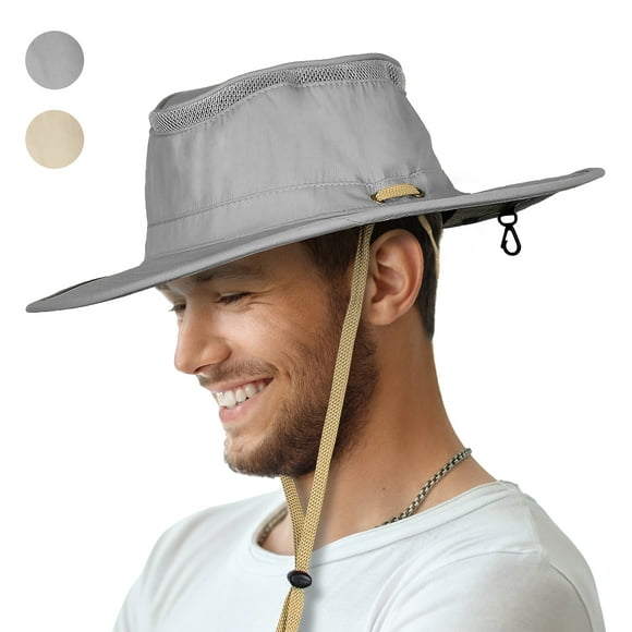 Chapeau de Protection Solaire Extérieur Boonie Chapeau Seau en Maille Large Bord Camping Randonnée Pêche Chasse Bateau Safari avec Cordon de Serrage Réglable Gris