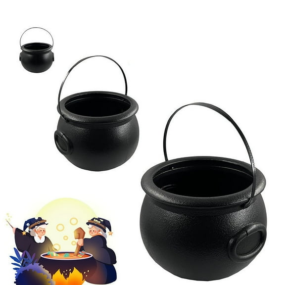 8" Black Plastic Halloween Witch Cauldron Pot, Halloween Candy Bowl Candy Holder, Large Witch Cauldron Pot Bucket for Halloween Decorations Party Supplies Decoration, Indoor & Outdoor