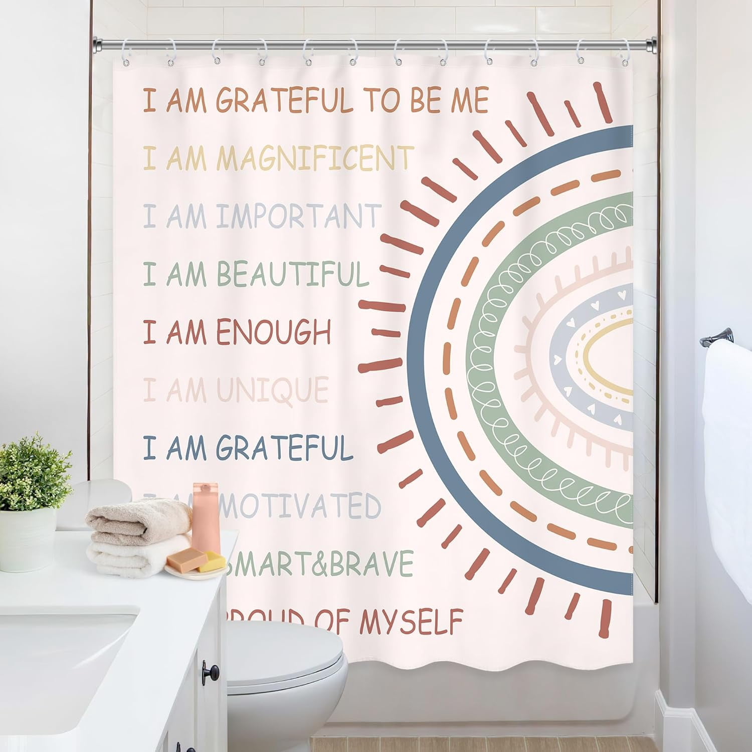 Kids Girls Rainbow Inspirational Shower Curtain Positive Quote Motivational Boho Abstract Pink Cartoon Cute Colorful Lovely 72Wx72L Inch Bathroom Set Bath Curtain Bathtub Accessories Home Decor
