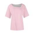 thumbnail image 3 of HOMBOM New Arrivals Women Blouses Dressy Pink Asymmetrical Collar Loose Square Neck Solid Short Sleeve Blouse S, 3 of 4