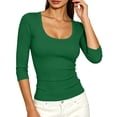thumbnail image 6 of Women's 3/4 Sleeve Top Scoop Neck Ribbed Knit Slim Fit Casual Basic Undershirt Solid Color Layering Tee Tight Shirts for Women, 6 of 7