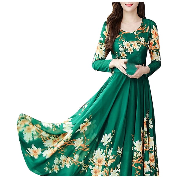 Gibobby Vestido Casual para Mujer Moda floral A-line Vestido largo para mujer Vestido estampado Manga O-cuello Vestido largo para mujer(Verde,XL)