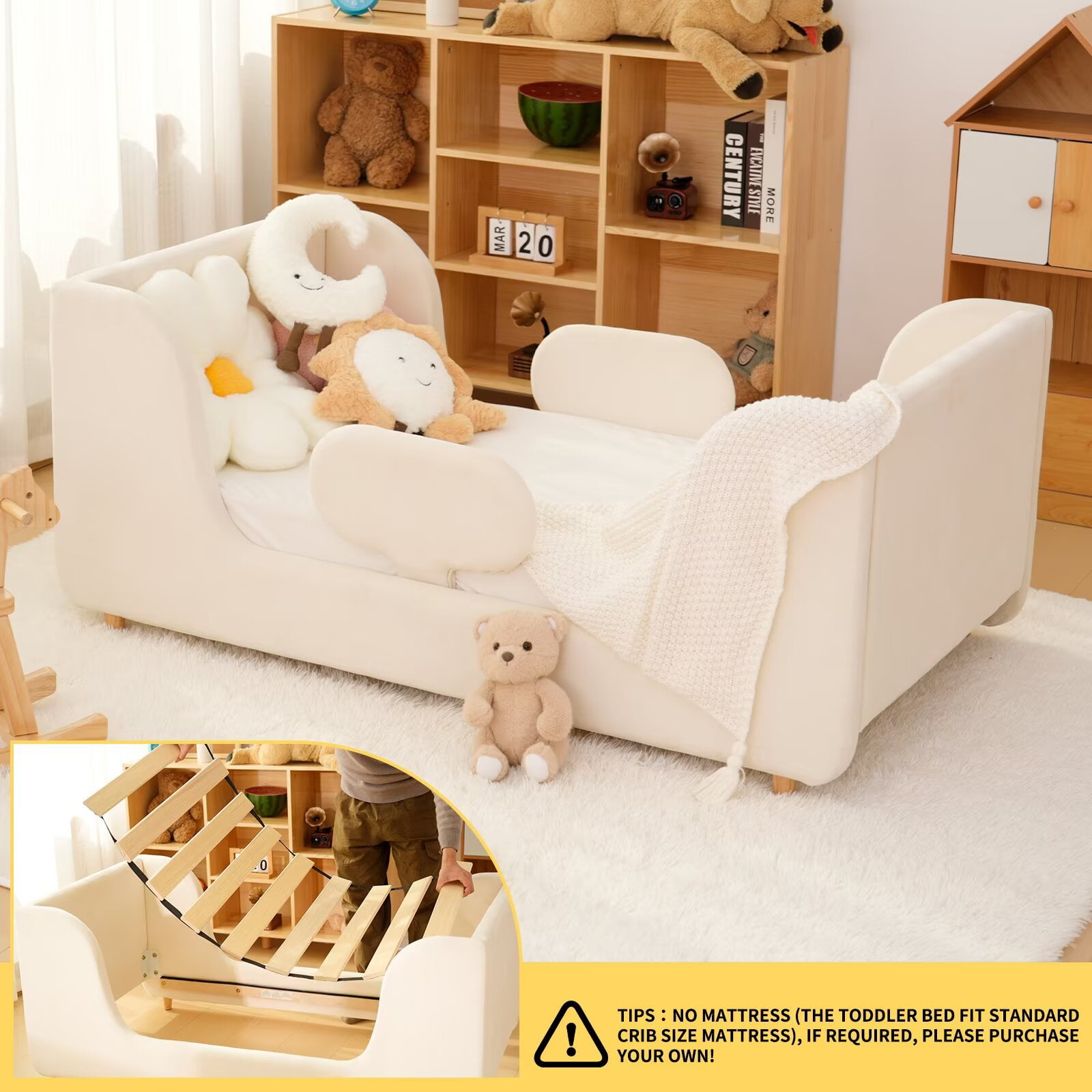 Lilypelle Toddler Bed Frame, Toddler Floor Bed with Removable Guard Rails, Small Bed for Boys and Girls, Standard Crib Size Toddler Bed，55.9 x 31.5 x 23.2 in，Beige