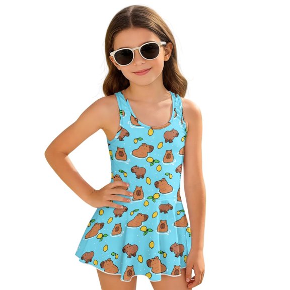 Uorisanigo Cute Capybara Girls Swimsuit One Piece Polyester and Spandex Swim Dress Modest Skirted Bathing Suit Beach Sport, Size 3-4
