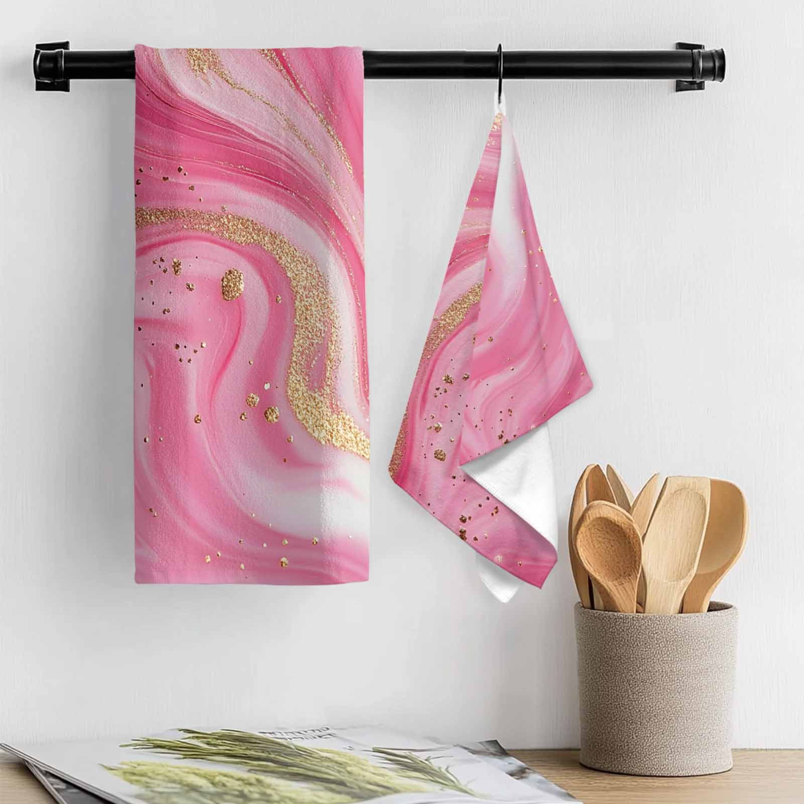 Marble Pink Kitchen Towel Dish Cloths Set of 2, Microfiber Soft Kitchen Hand Towels, Modern Abstract Artwork Luxury Golden Absorbent Quick Drying Dishcloths 18 x 28 Inches