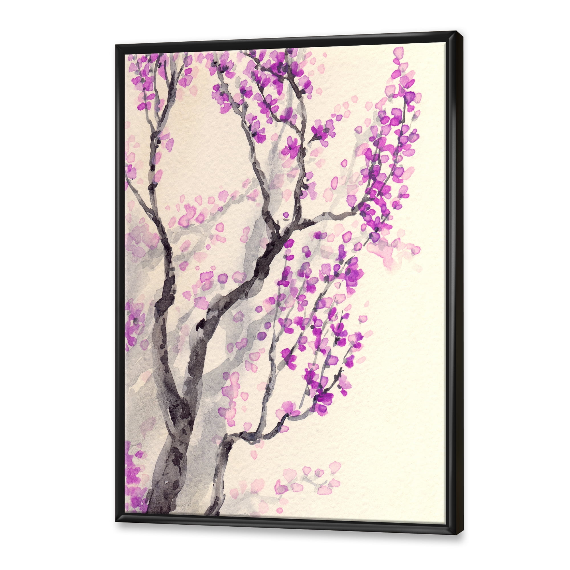 Designart 'Abstract Spring Purple Flowers On Tree Branches' Traditional Framed Canvas Wall Art Print