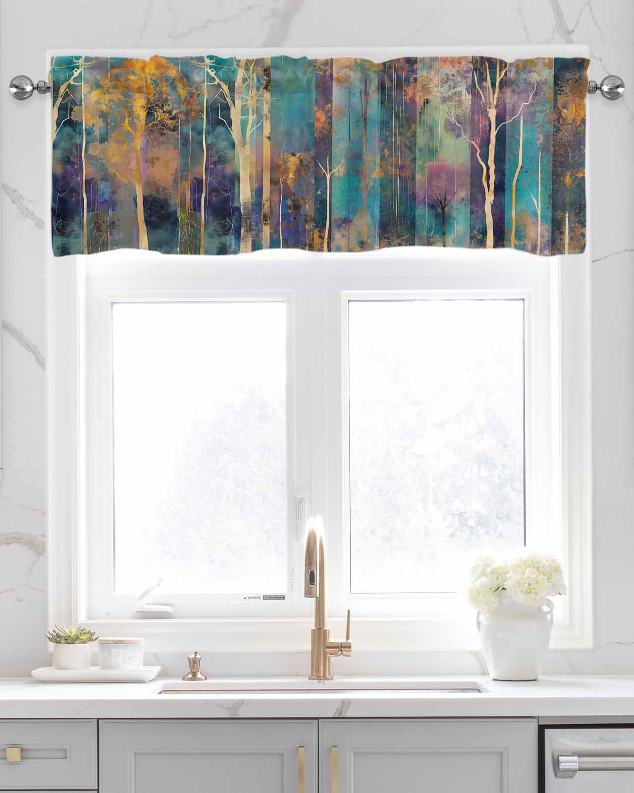 Abstract Tree Linen Curtain Valance for Bedroom/Bathroom/Kitchen/Office/Living/Dining Room Window,Contemporary Graffiti Painting Art Sunset Rod Pocket Topper Decorative Cafe Drapes Panel 54"x18"