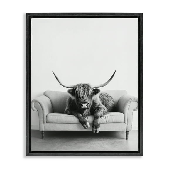 Stupell Industries Highland Cow on Couch Animals Painting Black Floater Framed Canvas Art Print Wall Art, 17 x 21