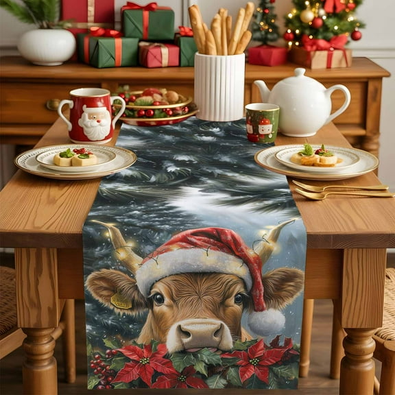 Christmas Highland Cow Red Poinsettia Table Runner 13x90in Non-Slip Cotton Linen Table Runners, Green Pine Tree Dresser Scarves TableRunner for Dinner Kitchen Dining Wedding Party