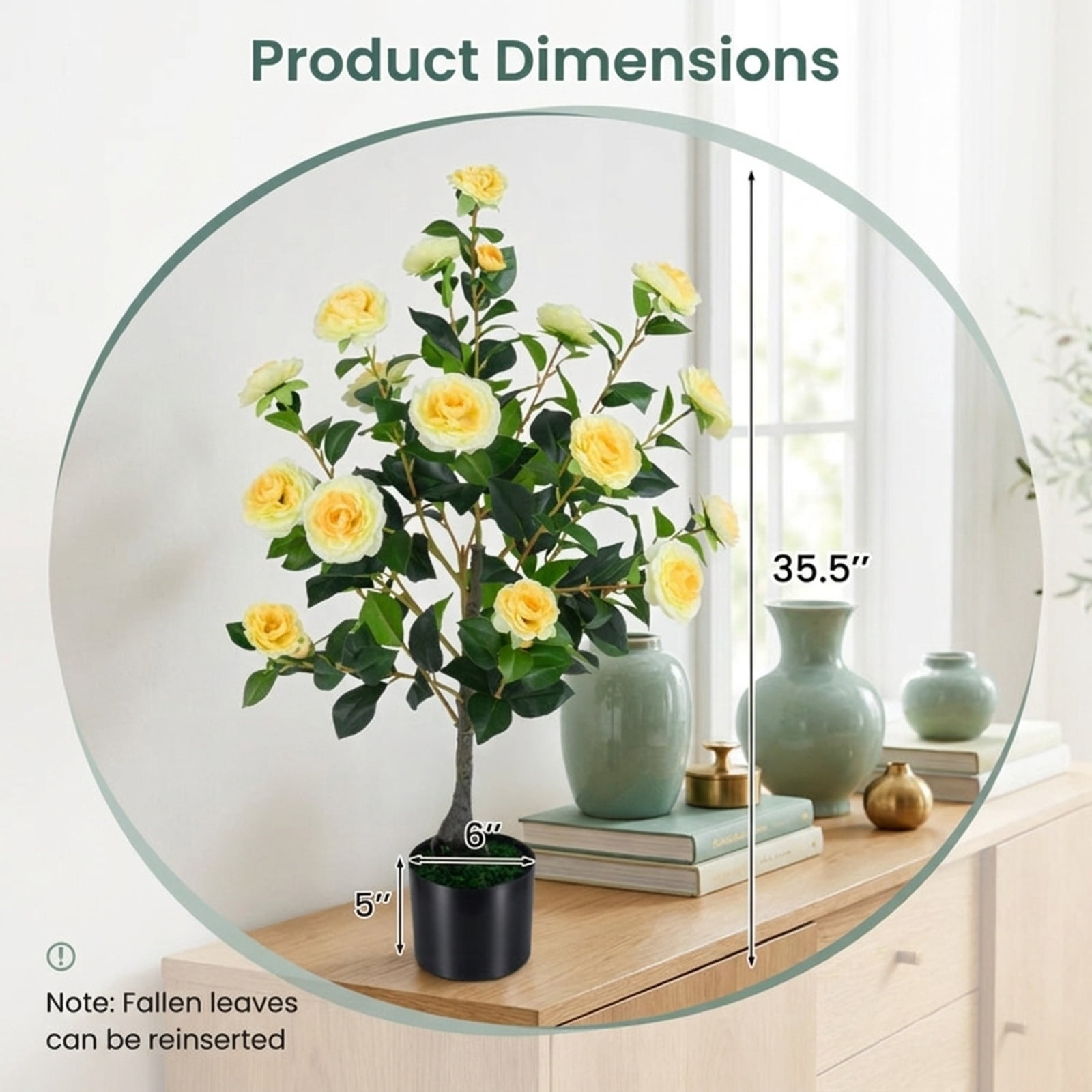 Vebreda Artificial Plant Decor, Artificial Camellia Tree Faux Flower Plant in Cement-Filled Pot, Lifelike & Elegant Design, Selected PE Materials
