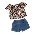 thumbnail image 2 of Summer Kids Girls Clothes Set, Off-Shoulder Leopard Print Top+Denim Shorts, 2 of 9