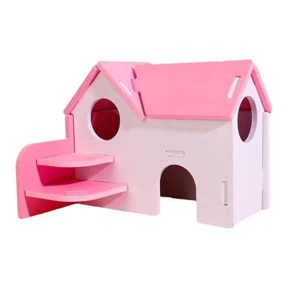 Hamster Hideout House, Wooden Sleeping Bed Villa Style Natural Solid Wood Landscape Decor Mouse Gerbil Small Animal Habitat Nesting Place Exercise Activity Center, Staircase Villa Pink