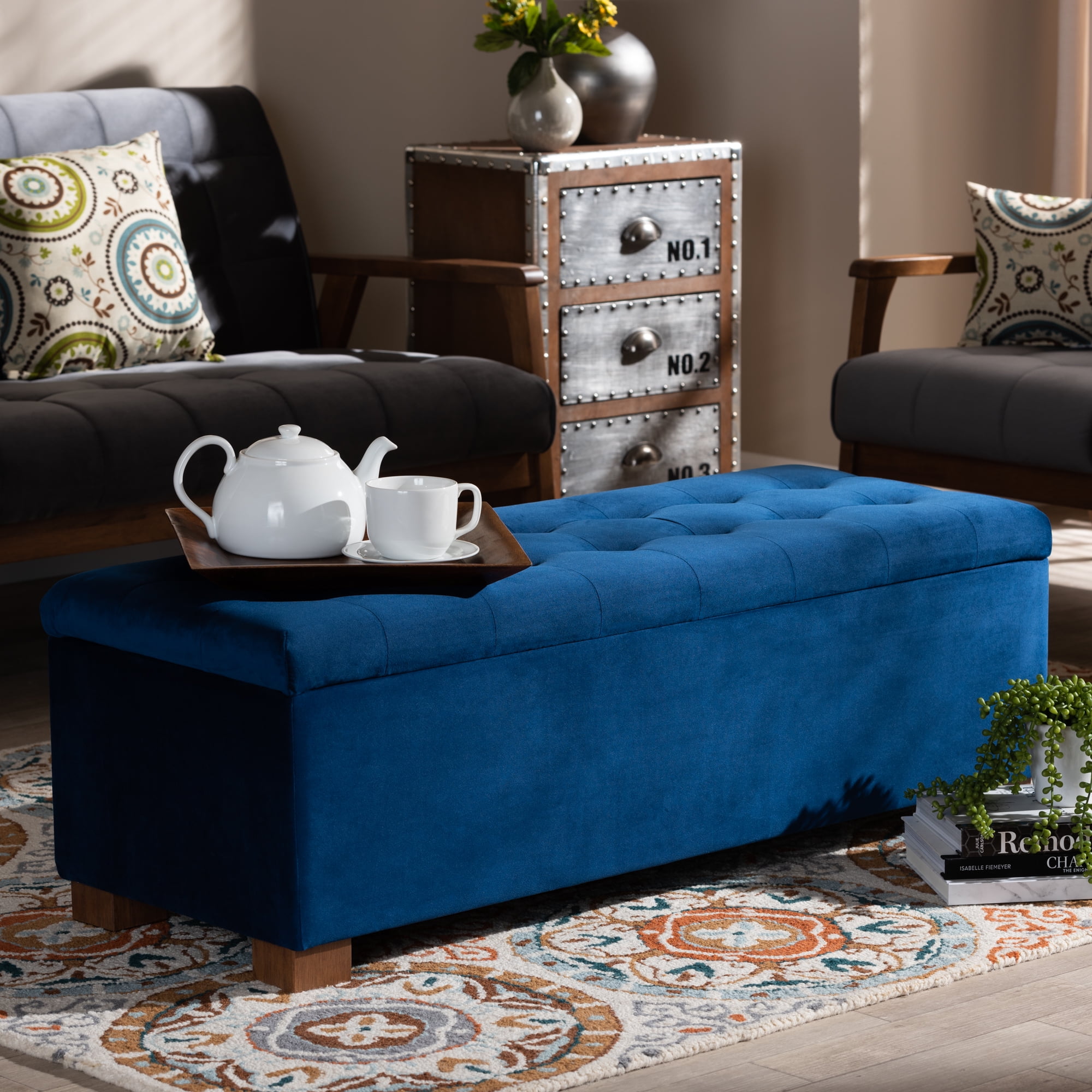 Navy Blue Storage Ottoman Bench Baxton Studio Roanoke Modern and Contemporary Navy Blue Velvet Fabric