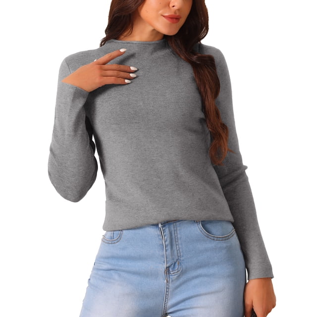 Suéter de manga larga de cuello redondo para mujer, casual, de ajuste ceñido, gris, talla M