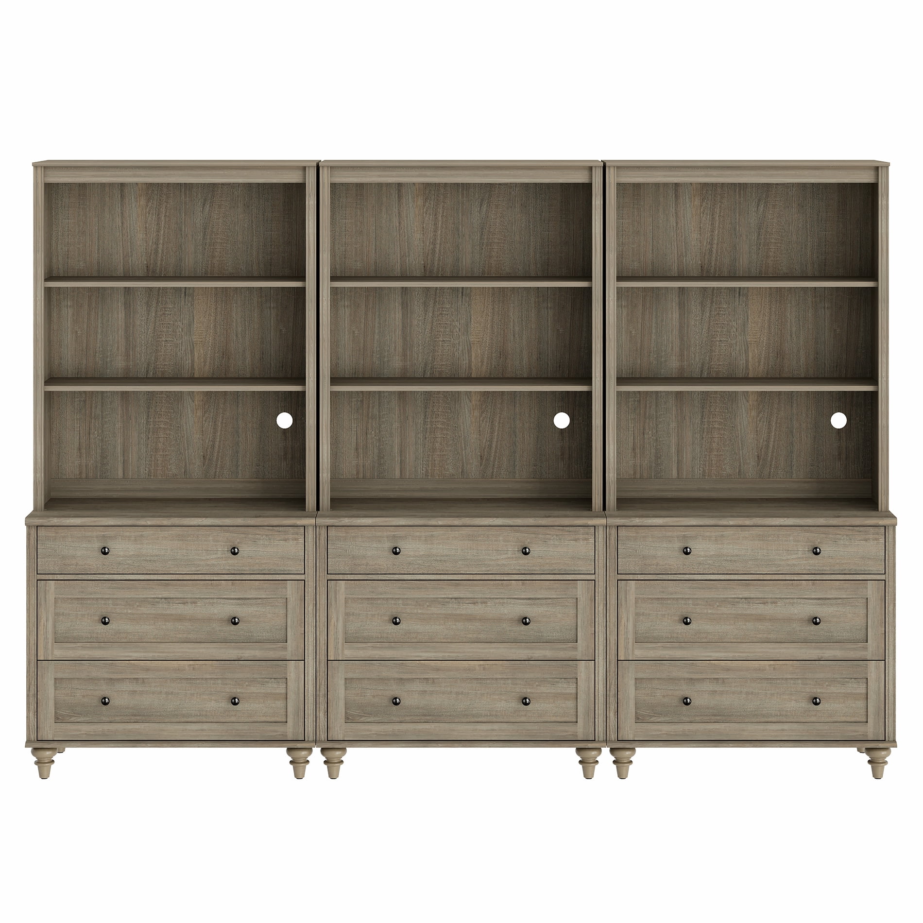 Farmhouse 5 Tier Bookcase With 9 Drawers, Wash Gray, 101.6" W