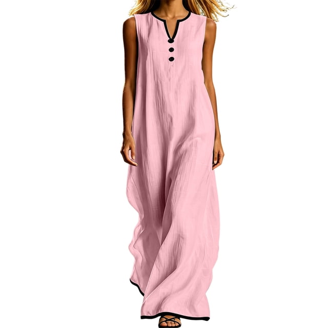 CHUMUD Robes d'Été pour Femmes Sans Manches à Col en V, Robe Maxi à Demi-Boutonnage, Coupe Ample Décontractée