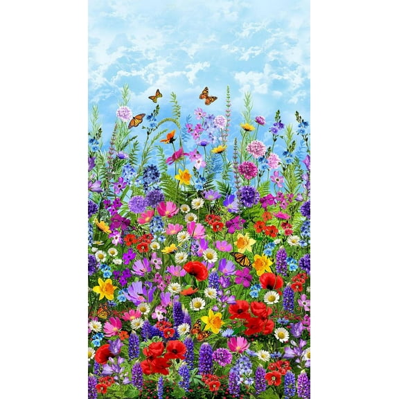 24" X 44" Panel Wild Floral Wildflowers Butterflies Poppies Field Spring Cotton Fabric Panel (PANEL-CD2432-MULTI)