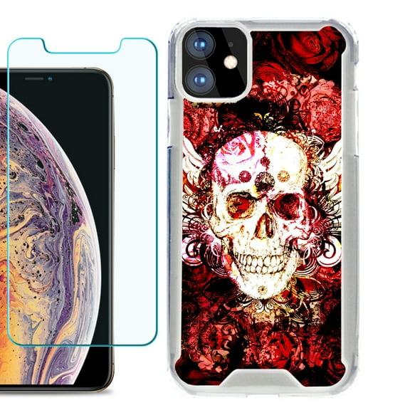 For Apple iPhone 11 Case, Hybrid Bumper Phone Case, with Tempered Glass Screen Protector, by OneToughShield ® - Rose Skull