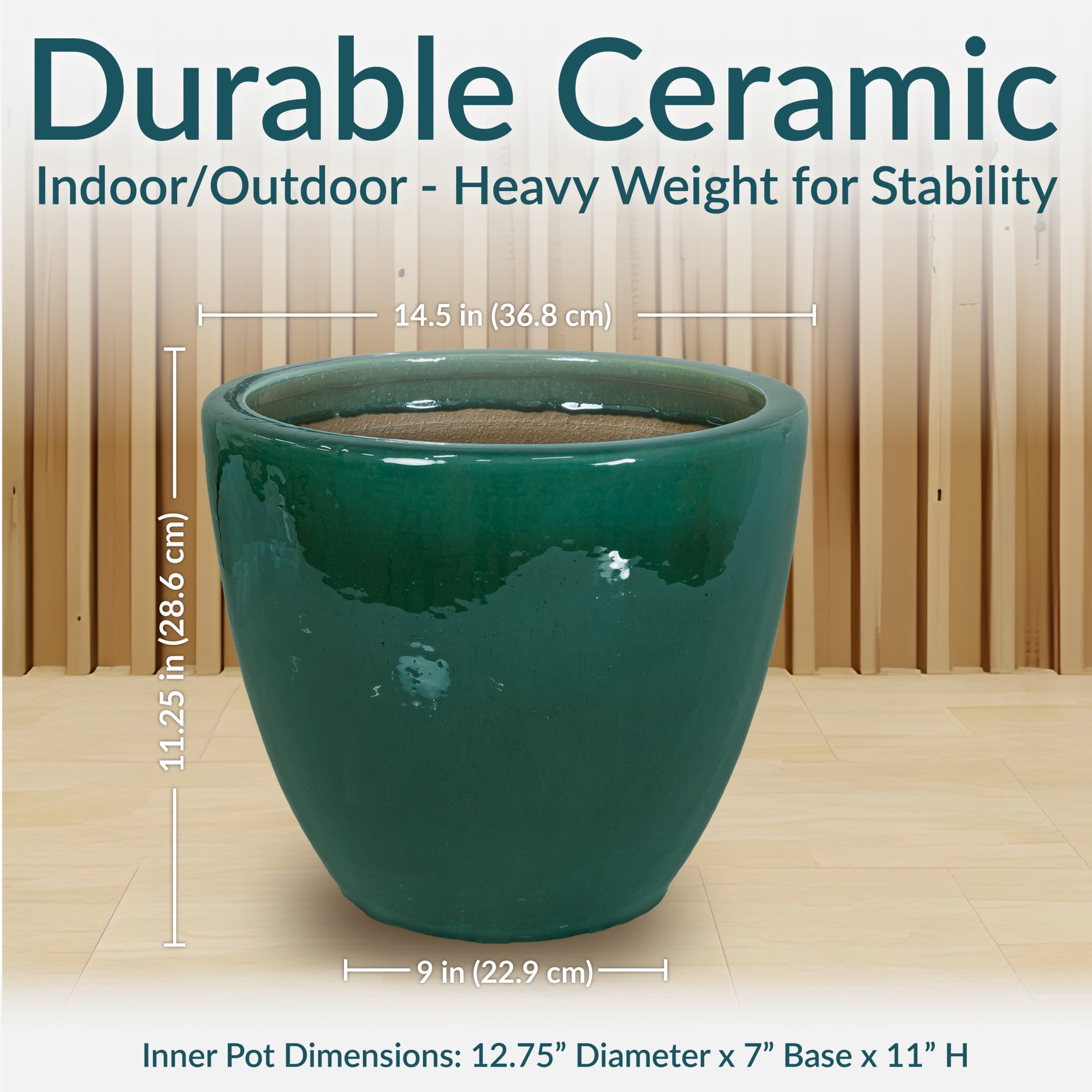 Sunnydaze Resort 15" x 15" x 11.25" H Round Dark Green Ceramic Solid Plant Pot