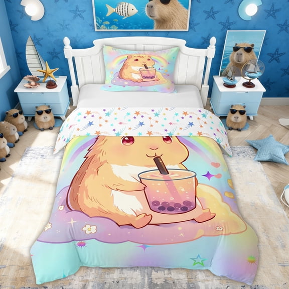 Erosebridal Boba Capybara Twin Bedding for Kids, Galaxy Rainbow Duvet Cover Set, Blue, 2 Pieces, No Comforter