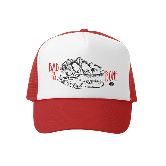 Grom Squad Kids Trucker Hat - Mesh Adjustable Baseball Cap for Boys & Girls - Baby, Infant, Toddler, School-Age Sizes (2-5yrs (Big), Bad to The Bone, Red/White)