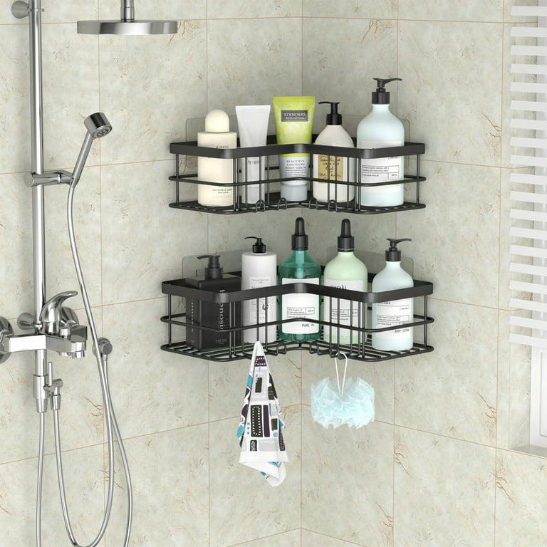 Foukus 2 Pack Bathroom Shower Organizer, Adhesive Shelves with hooks and  Hanging Cups, No Drilling Rustproof Stainless Steel Bathroom Caddy for  Shower