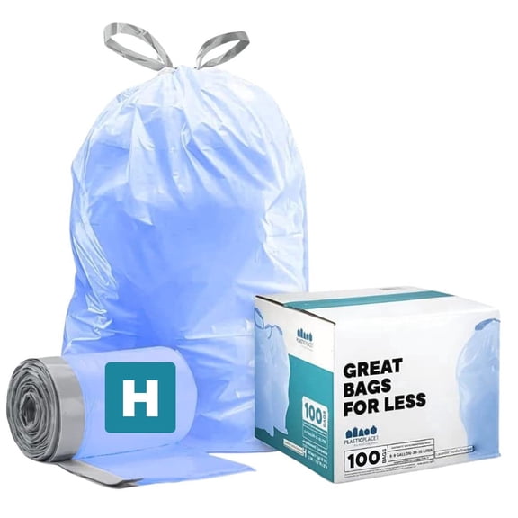 Plasticplace Custom Fit Blue Drawstring Trash Bags, Compatible with Simplehuman Code H, Tear-Resistant, Scent-Free, for Indoor Use Home Office Trashbags (100 Count), 8-9 Gallon / 30-35L, 18.5" x 28"