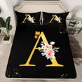 thumbnail image 2 of Homewish Initial A Letter Bed Sheets, Butterfly Rose Floral King Sheets, Black Gold Sequin Print Sheet Set, 4-Piece, 2 of 7