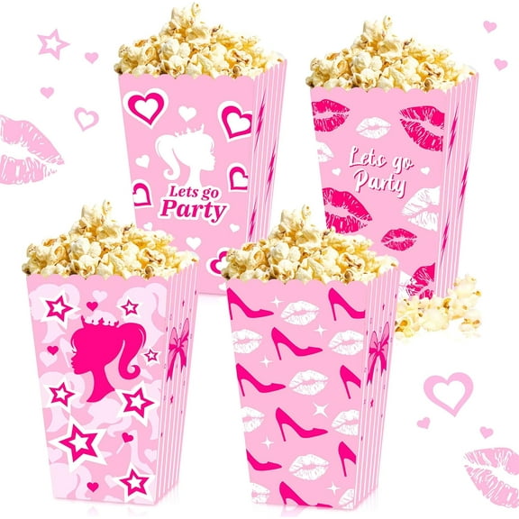 Hot Pink Girl Popcorn Box of 12 - Let's go Party Lip Print Heart Shaped Gift Box Girlfriends Party Decoration