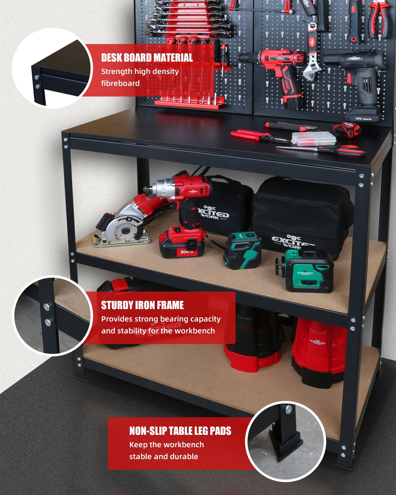 EXCITED WORK 31.5 inch Work Bench, 4 Shelf Multipurpose Garage Work Bench with Pegboard Hook Kit for Home Workshop Storage Tools and DIY Projects (H61 X W31.5 X D16)