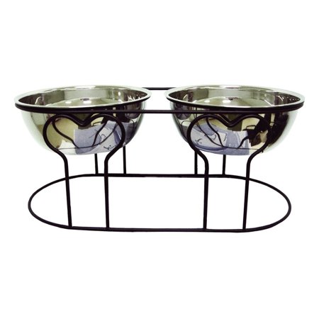 UPC: 0833775006942 | YML Group Double Stainless Steel Feeder Bowls with Wrought Iron Stand – Medium