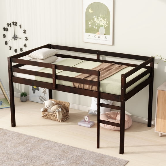 Solid Wood Twin Loft Bed Frame with Storage Space and High guardrail, Platform Bed Frame with Ladder and Strengthened Slats, Low Height Design, No Box Spring Needed, Espresso