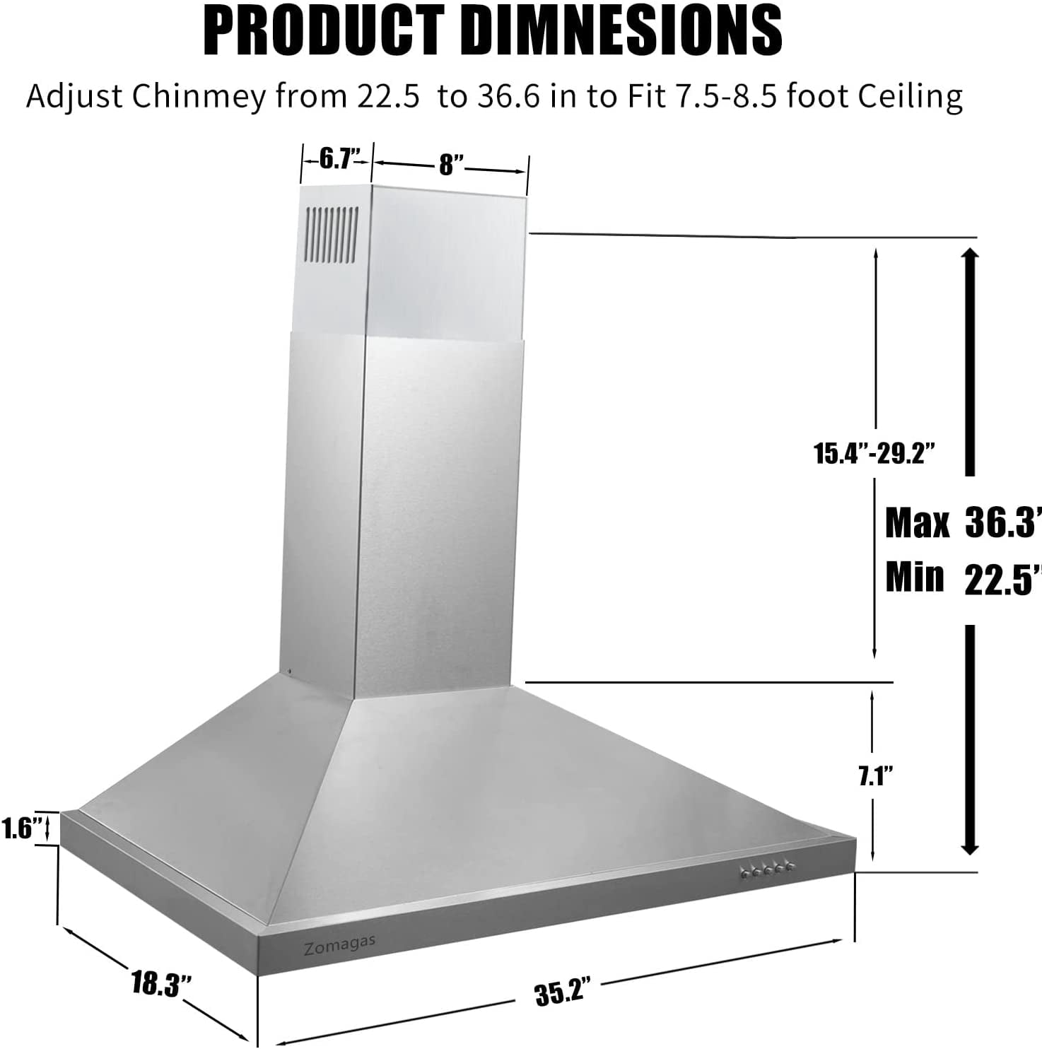 Range Hood 36-inch Wall Mount Vent Hood Stainless Steel Ducted/Ductless 3 Speed Exhaust Fan