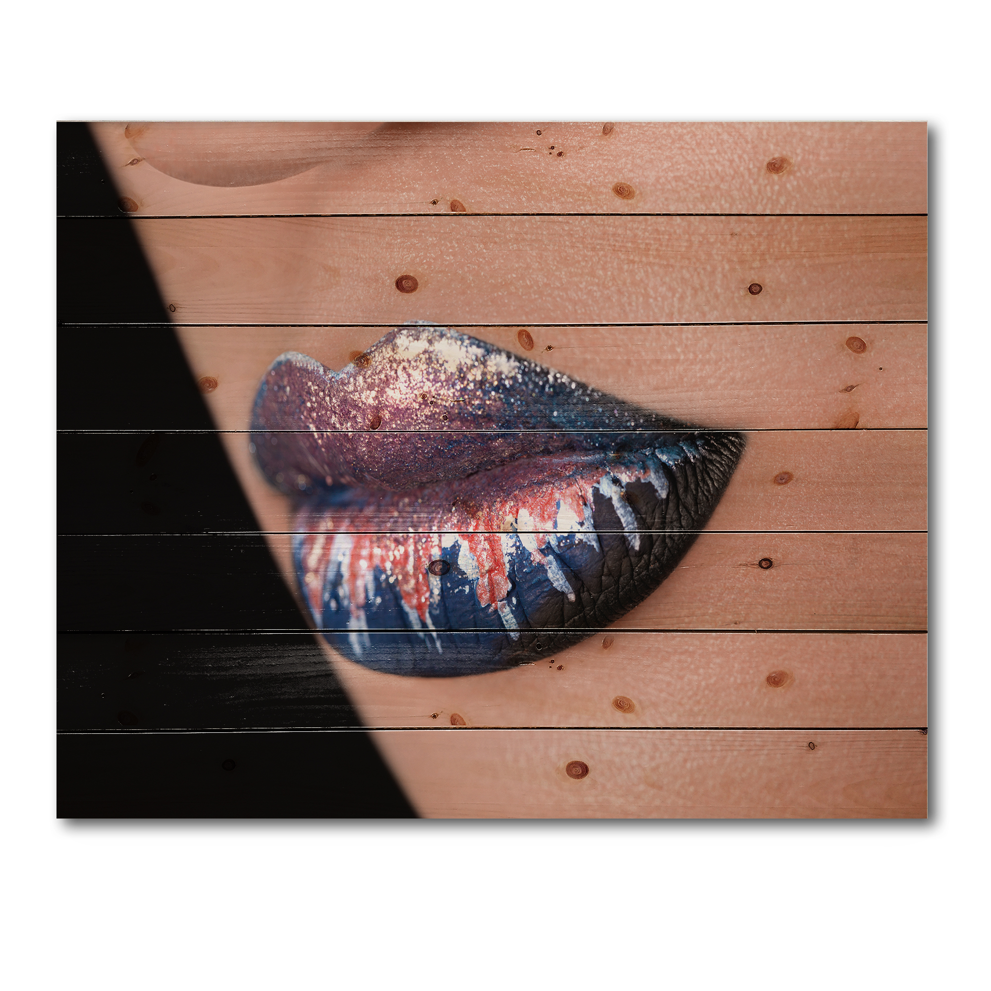 Designart 'Fashion and Creative Make Up On Woman Lips' Modern Print on Natural Pine Wood