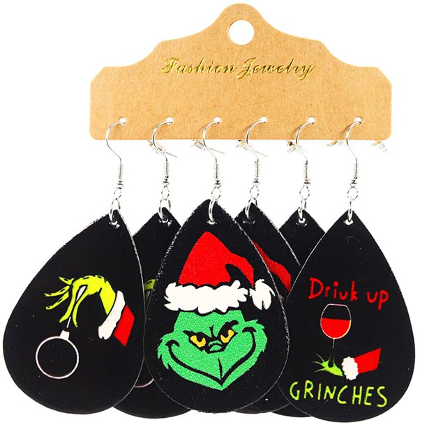 Grinch Earrings Christmas Grinch Ornaments 3 Pairs Of Christmas Earrings Handmade Tear Drop Faux Leather Earrings New Year Party Earrings Set Winter Holiday Jewelry Gifts