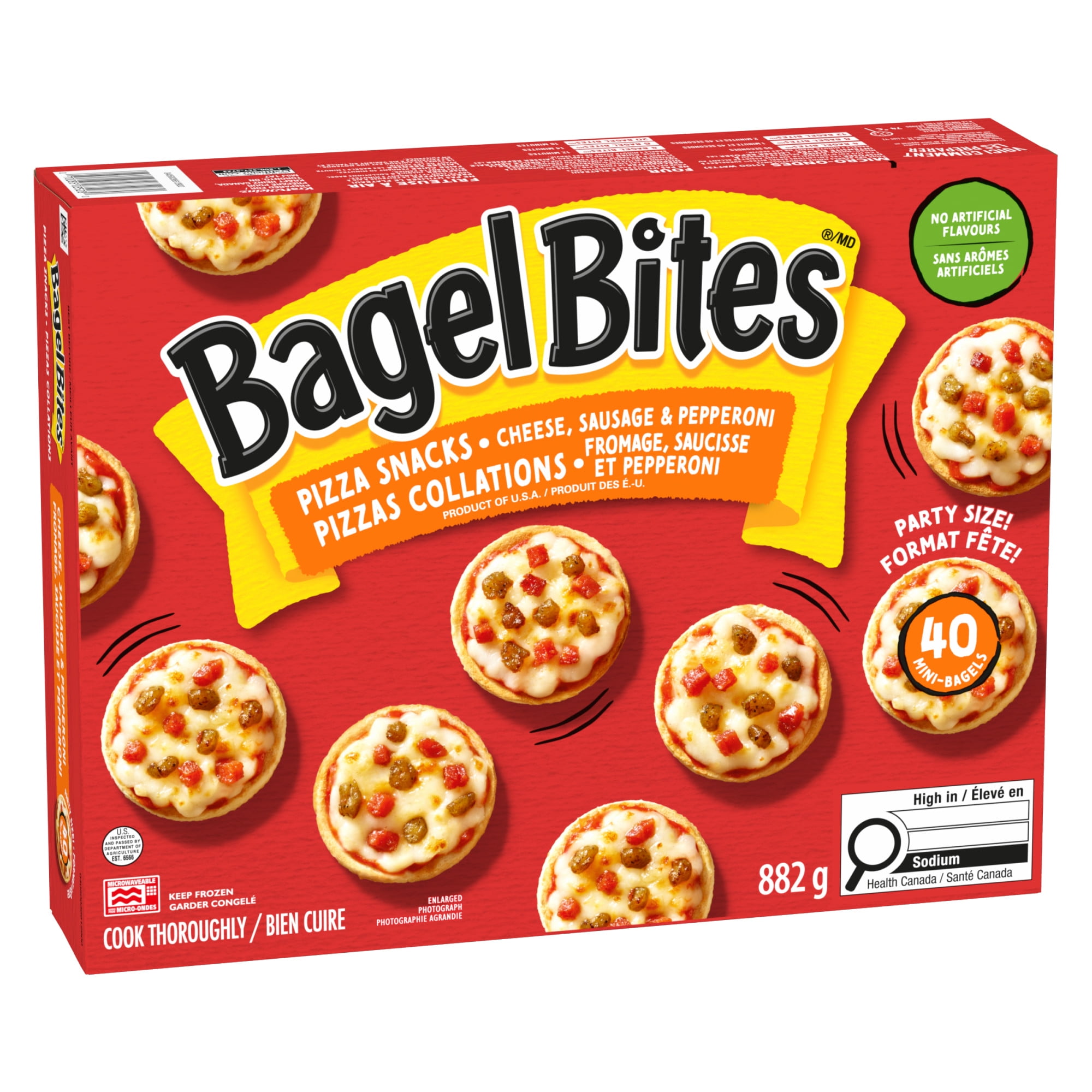 Pizzas Collations Surgelées Fromage, Saucisse Et Pepperoni Bagel Bites, Boîte De 40 Mini-Bagels 882g