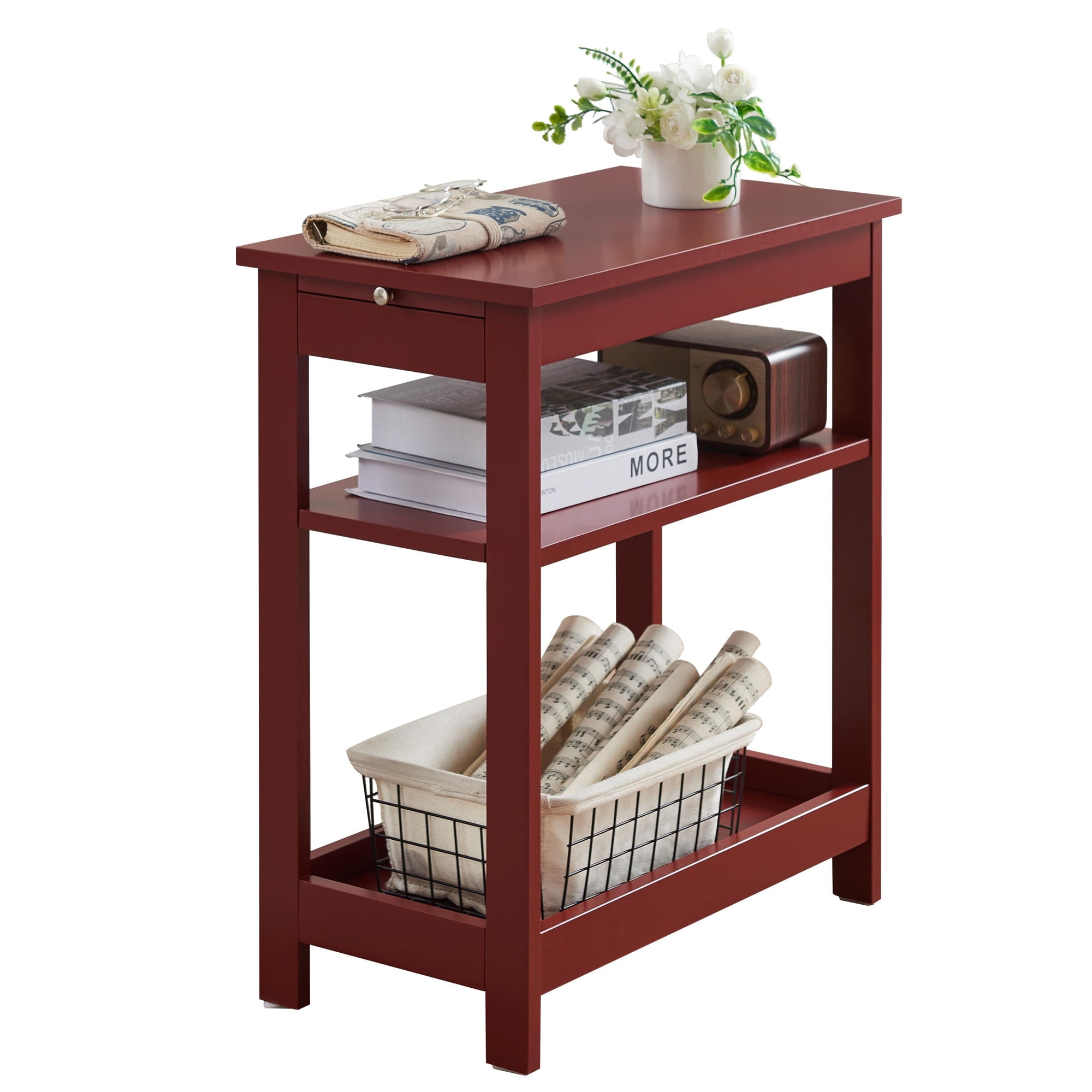 Kings Brand Furniture - Slim Wood Side End Table with Storage Shelves & Pull-Out Tray, Nightstand for Bedroom, Living Room, Red