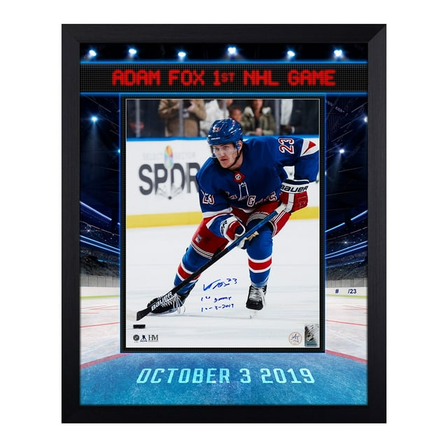 Adam Fox Signé New York Rangers 1st Game Graphique Cadre 19x23 #/23