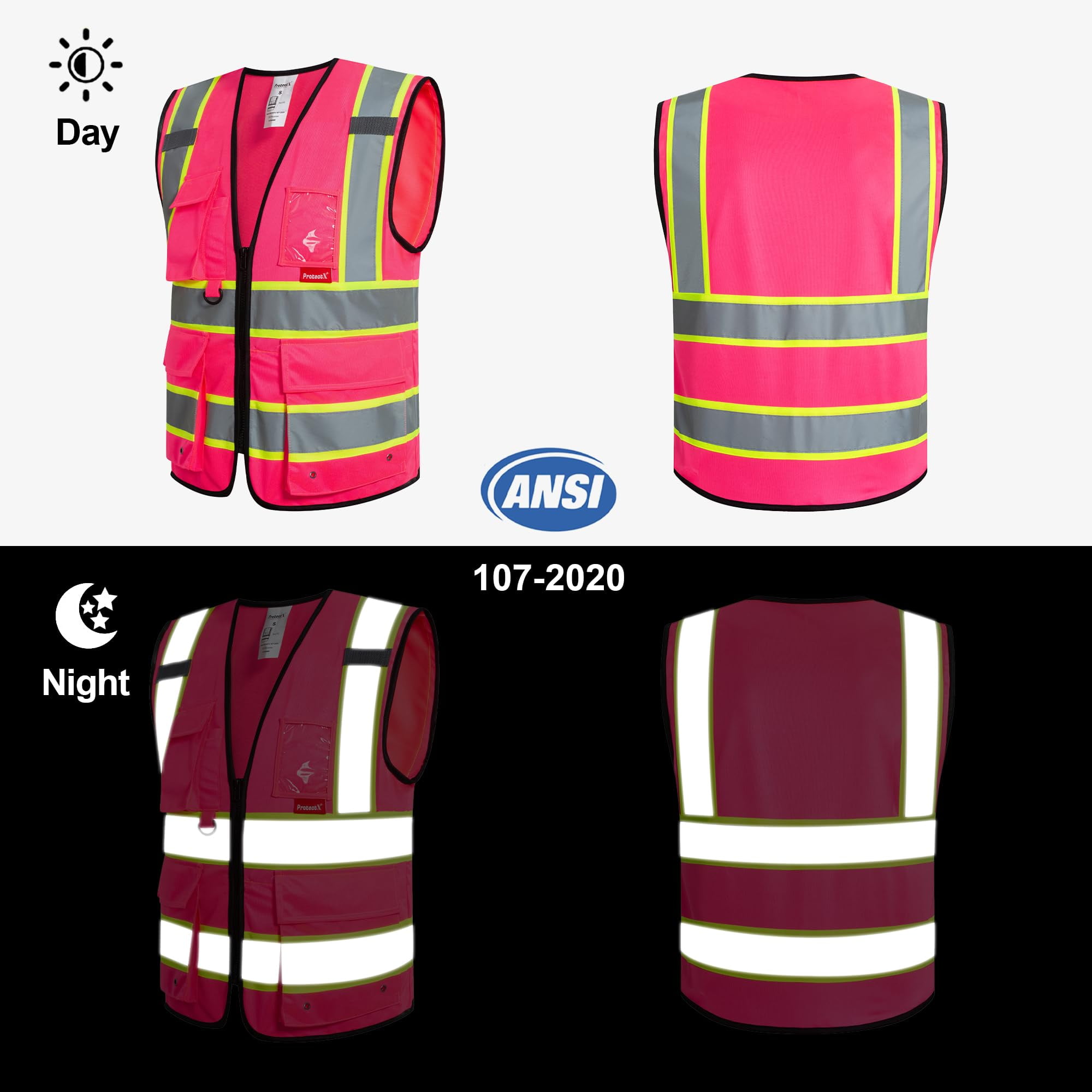 ProtectX Hi Vis Reflective Safety Vest for Men Women High Visibility Construction Work Vest with Pockets Zipper Class 2 Pink 3X-Large