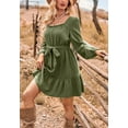 thumbnail image 3 of Solid Color Square Neck Tie Waist Long Sleeve Dress for Women Green Small, 3 of 5