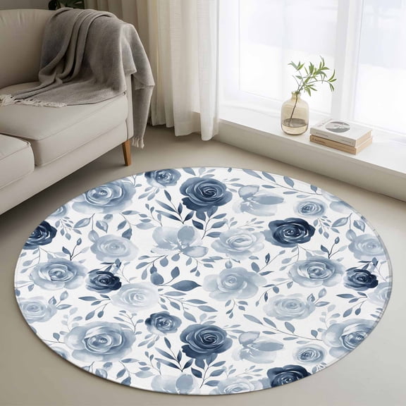 Vintage Flowers Round Rugs for Living Room 3ft Light Blue Flowers Leaf Decoration Non Slip Circle Rug Washable Low-Profile Indoor Carpet for Bedroom, Dining Room, Bathroom