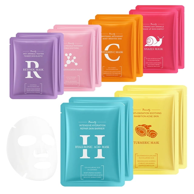 Paquete combinado de 12 mascarillas hidratantes para la cara, mascarillas faciales suaves e hidratantes para todo tipo de piel, juego de mascarillas faciales hidratantes suaves y de larga duración