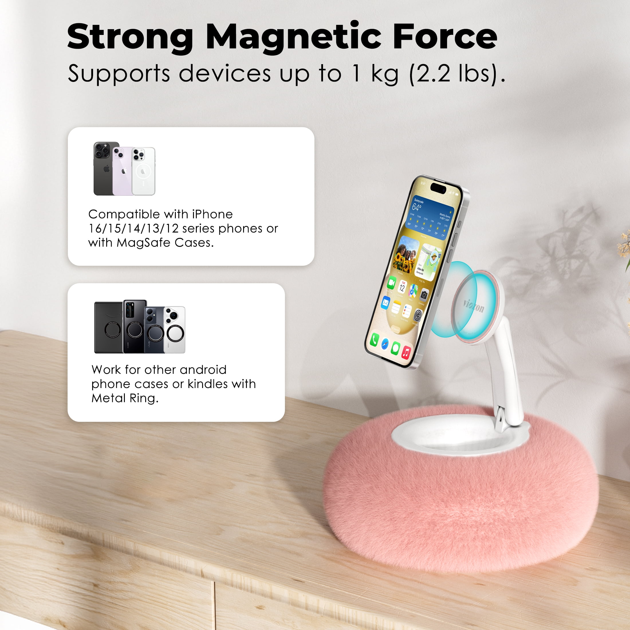 Viozon Phone Holder for Bed, Magnetic Pillow Stand, Compatible with 4-7" Devices with Small Storage Pink